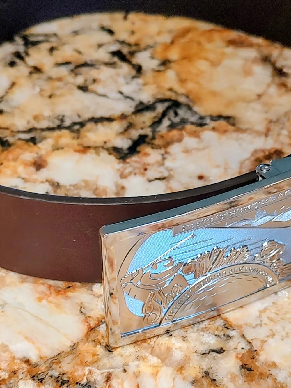 Men's Brown Italian Leather THE WHITE BALL Belt with Silver Tone Buckle